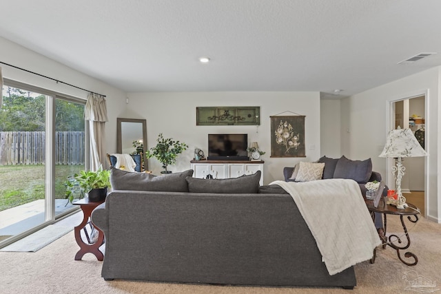 carpeted living area featuring visible vents