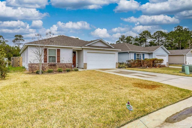 single story home featuring concrete driveway, brick siding, an attached garage, and a front lawn