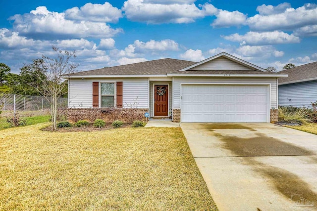 ranch-style house featuring a front yard, driveway, an attached garage, and fence