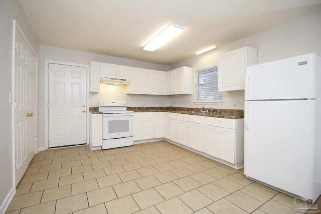 kitchen featuring white cabinetry, white appliances, sink, and light tile patterned flooring