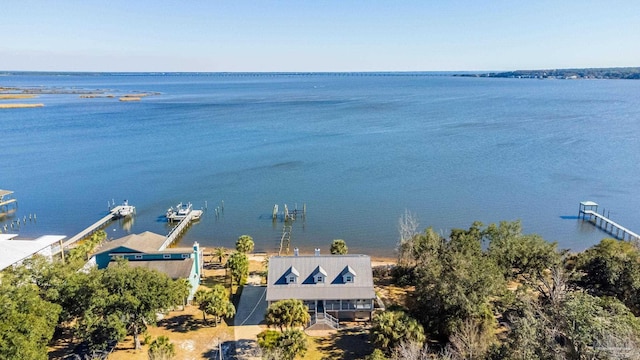 birds eye view of property featuring a water view