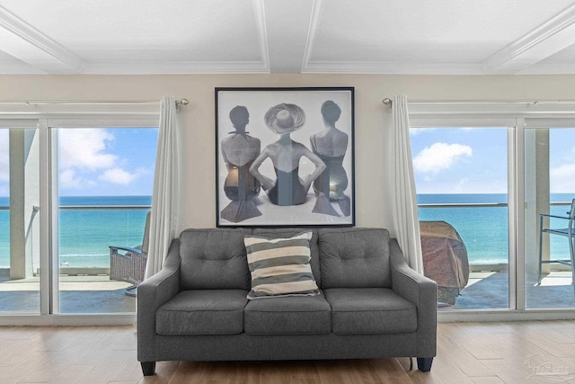 living room featuring crown molding, hardwood / wood-style flooring, and a water view