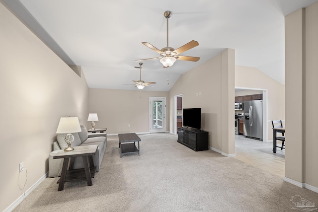 5661 Maggie Rose Cir, Milton, FL 32570 - living room featuring light carpet, vaulted ceiling, and ceiling fan
