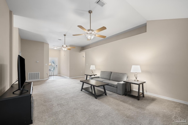 5661 Maggie Rose Cir, Milton, FL 32570 - carpeted living area featuring a ceiling fan and vaulted ceiling