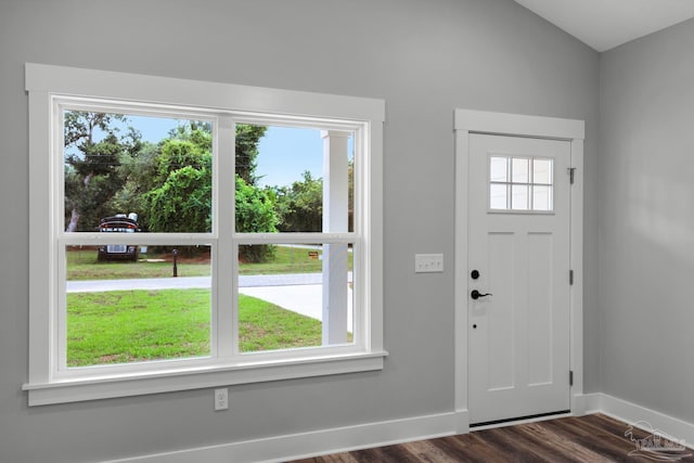 foyer entrance with dark wood-style floors, plenty of natural light, and baseboards