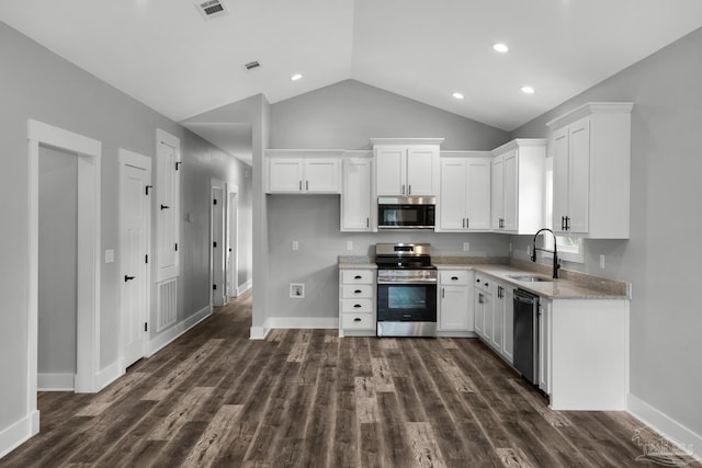 kitchen with visible vents, dishwashing machine, stainless steel electric range, white cabinets, and a sink