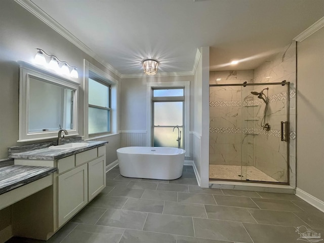 bathroom featuring independent shower and bath, vanity, and crown molding