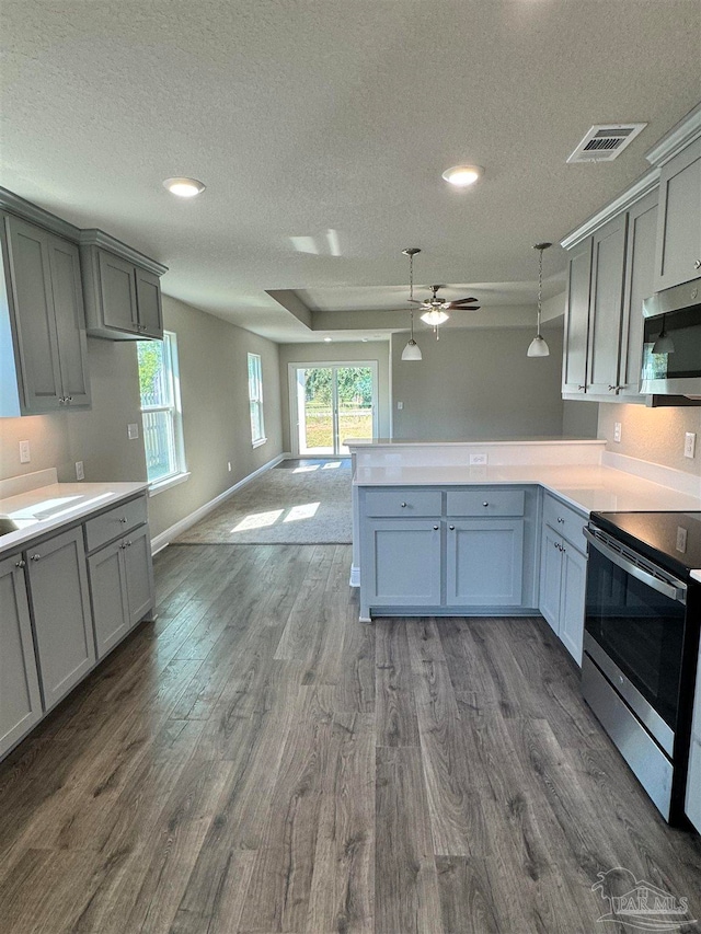 kitchen with pendant lighting, dark hardwood / wood-style flooring, gray cabinetry, and appliances with stainless steel finishes