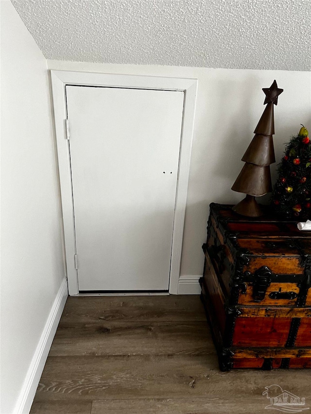 entryway with dark hardwood / wood-style flooring, lofted ceiling, and a textured ceiling