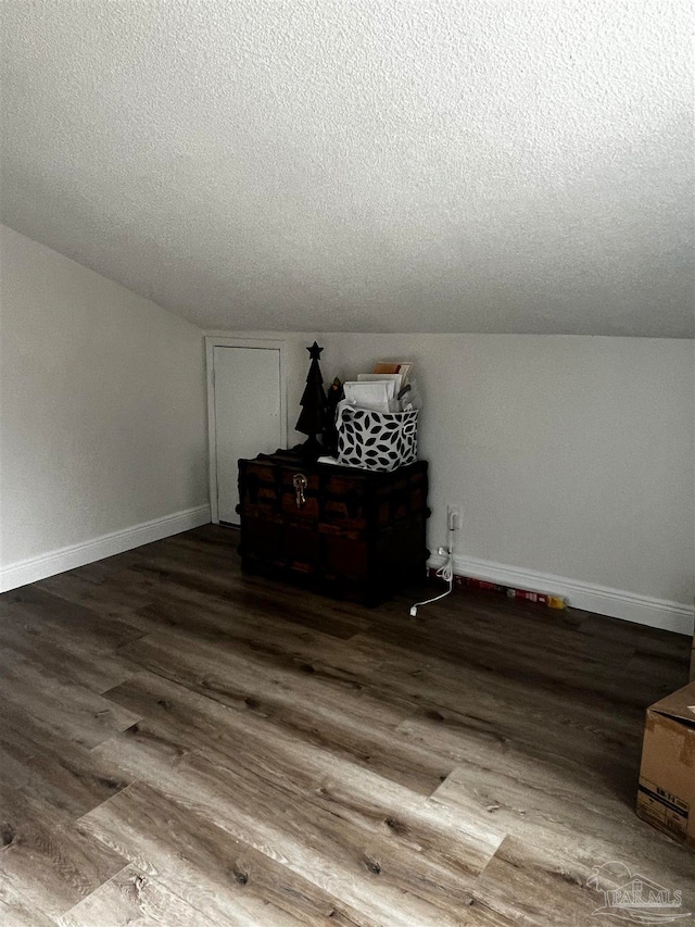 bonus room featuring dark hardwood / wood-style flooring, a textured ceiling, and vaulted ceiling