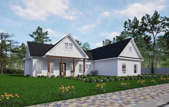 modern farmhouse style home with a porch and a front lawn