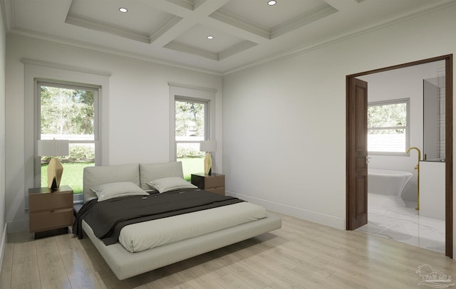 bedroom featuring coffered ceiling, crown molding, beam ceiling, and light hardwood / wood-style floors