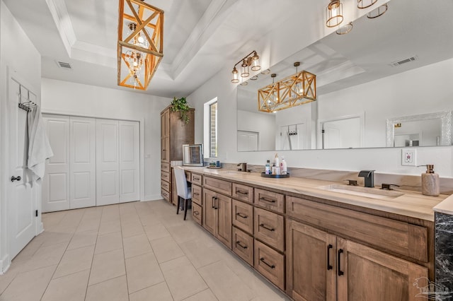 3720 Arbor Ridge Rd, Pace, FL 32571 - full bathroom featuring visible vents, a sink, a tray ceiling, and a notable chandelier