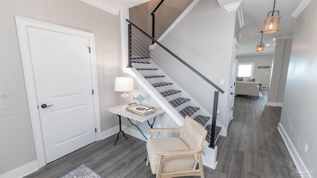 staircase featuring ornamental molding and wood-type flooring