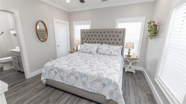 bedroom with ornamental molding, dark wood-type flooring, multiple windows, and ceiling fan