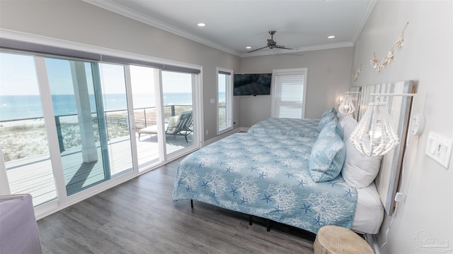 bedroom featuring access to exterior, dark hardwood / wood-style flooring, ceiling fan, and crown molding