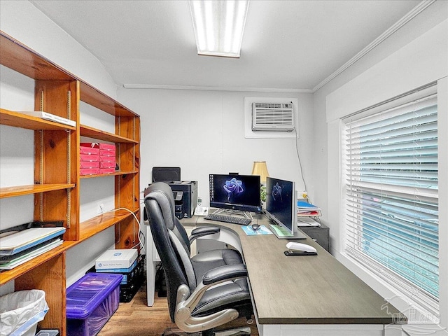 1007 W Wright St, Pensacola, FL 32501 - home office with ornamental molding, a wall mounted air conditioner, and wood finished floors