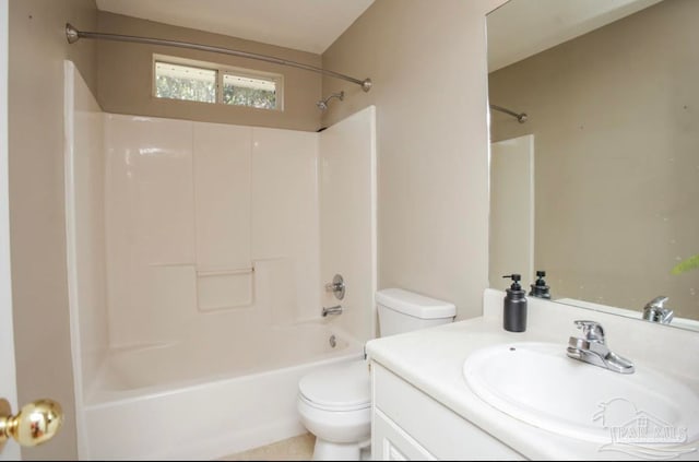 full bathroom featuring bathtub / shower combination, toilet, and vanity