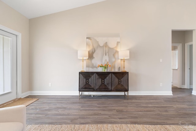 living room with wood-type flooring and vaulted ceiling