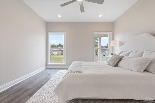 bedroom with light wood-type flooring and ceiling fan