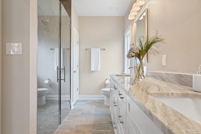 bathroom with vanity, an enclosed shower, and toilet