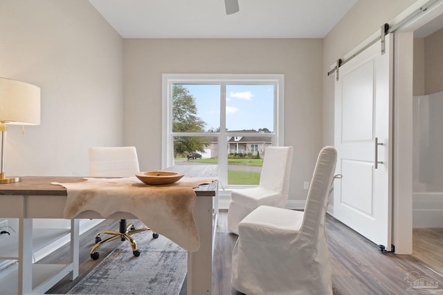 office featuring hardwood / wood-style flooring and a barn door