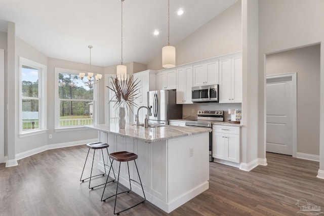 kitchen with dark hardwood / wood-style flooring, light stone counters, stainless steel appliances, sink, and a center island with sink