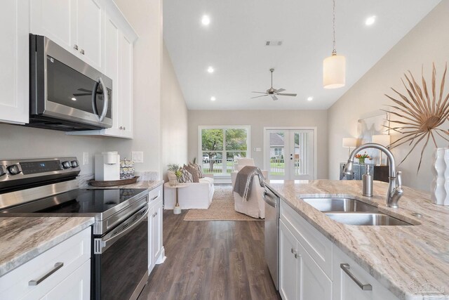 kitchen featuring dark wood-type flooring, ceiling fan, stainless steel appliances, light stone countertops, and sink