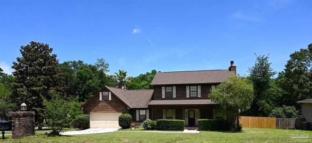 view of front of property with a porch, a garage, and a front lawn