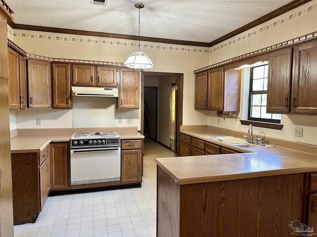 kitchen with pendant lighting, sink, ornamental molding, white electric range oven, and kitchen peninsula