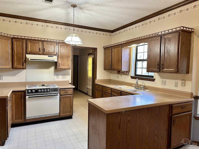 kitchen with white electric range, decorative light fixtures, sink, crown molding, and a textured ceiling