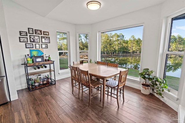 dining area featuring plenty of natural light, a water view, and dark wood-type flooring