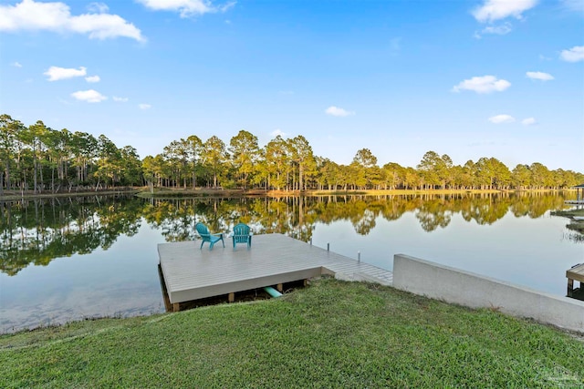 view of dock featuring a water view and a lawn