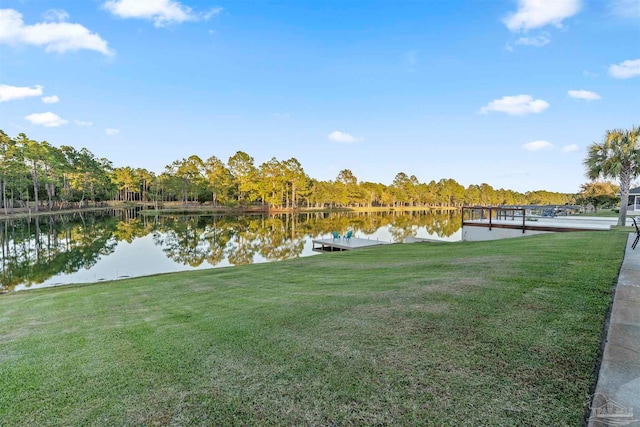 exterior space featuring a lawn and a water view