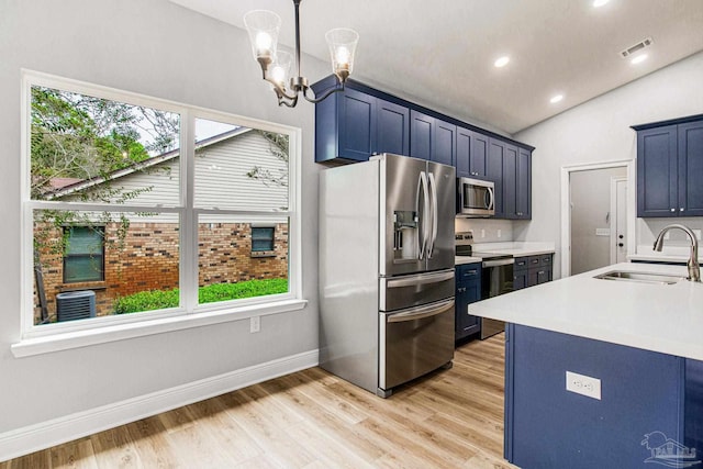 kitchen with sink, a wealth of natural light, vaulted ceiling, and stainless steel appliances