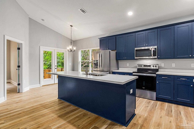 kitchen featuring hanging light fixtures, light wood-type flooring, sink, a center island with sink, and appliances with stainless steel finishes