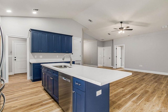 kitchen featuring light hardwood / wood-style flooring, sink, stainless steel dishwasher, lofted ceiling, and ceiling fan