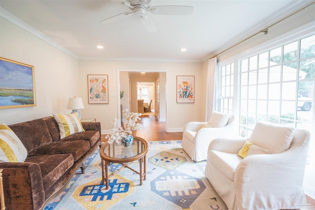 living room featuring ceiling fan, light hardwood / wood-style floors, and ornamental molding