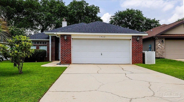 1462 Camrose Pl, Pensacola, FL 32534 - single story home featuring brick siding, a chimney, driveway, an attached garage, and a front lawn