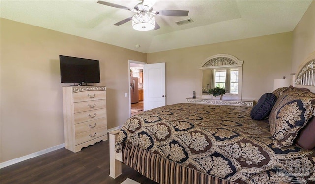 1462 Camrose Pl, Pensacola, FL 32534 - bedroom with stainless steel refrigerator with ice dispenser, dark wood-style flooring, baseboards, and ceiling fan