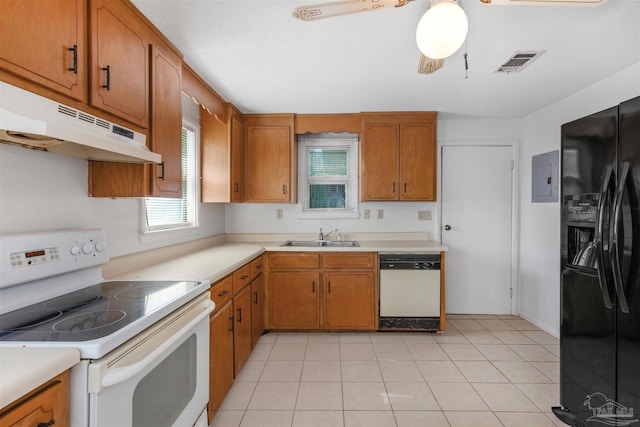 kitchen with white appliances, electric panel, sink, ceiling fan, and light tile patterned floors