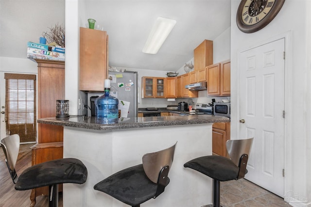 kitchen with a kitchen breakfast bar, stainless steel appliances, lofted ceiling, and kitchen peninsula