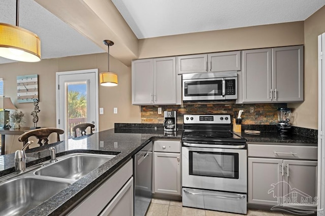 8425 Gulf Blvd Unit 206, Navarre Beach, FL 32566 - kitchen with a sink, gray cabinetry, appliances with stainless steel finishes, decorative backsplash, and light tile patterned flooring