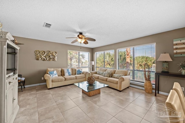 8425 Gulf Blvd Unit 206, Navarre Beach, FL 32566 - living area featuring a textured ceiling, visible vents, ceiling fan, light tile patterned floors, and baseboards