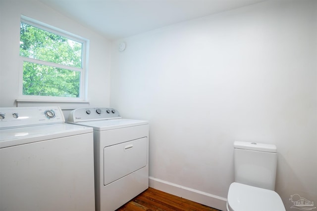 laundry area featuring washer and dryer and dark hardwood / wood-style flooring