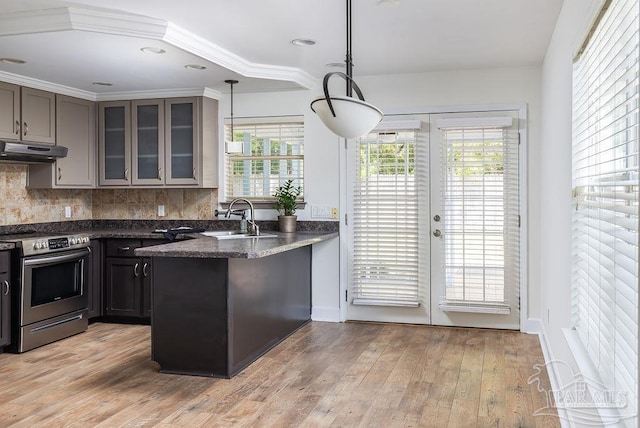 3117 Albert Ct, Pensacola, FL 32504 - kitchen with plenty of natural light, stainless steel range with electric cooktop, a peninsula, glass insert cabinets, and under cabinet range hood