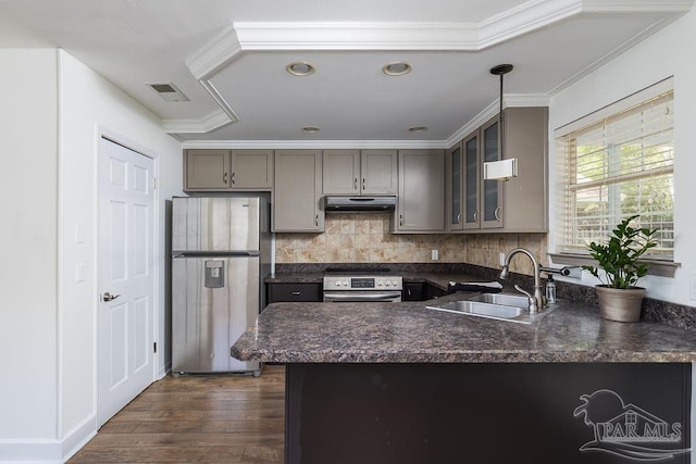 3117 Albert Ct, Pensacola, FL 32504 - kitchen featuring dark countertops, appliances with stainless steel finishes, a sink, gray cabinets, and under cabinet range hood
