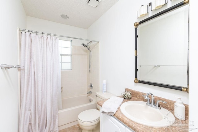 3117 Albert Ct, Pensacola, FL 32504 - bathroom featuring vanity, shower / tub combo with curtain, toilet, a textured ceiling, and visible vents