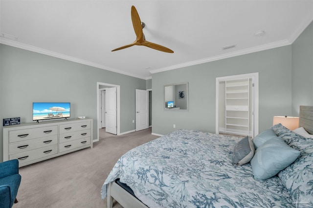 bedroom with crown molding, visible vents, baseboards, light carpet, and a ceiling fan