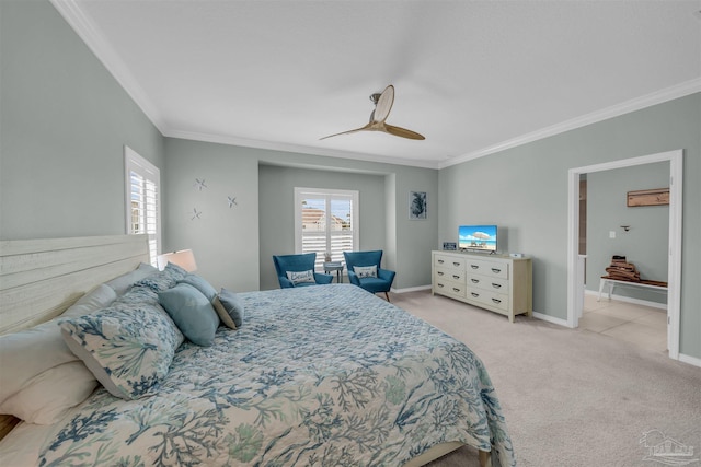 bedroom featuring crown molding, light carpet, and multiple windows